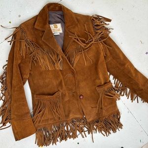 Vintage brown suede leather fringe coat jacket